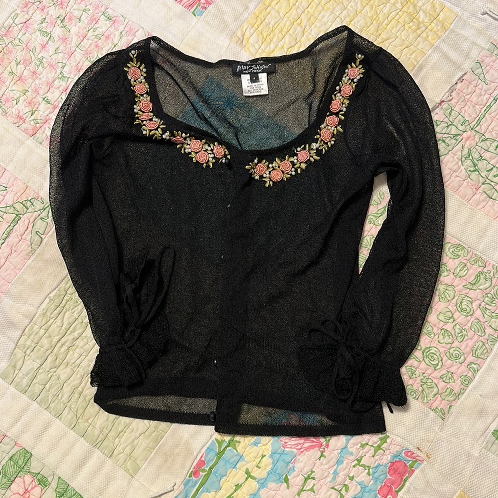 Betsey Johnson black sheer vintage Y2K shrug with rose and pearl embellishments